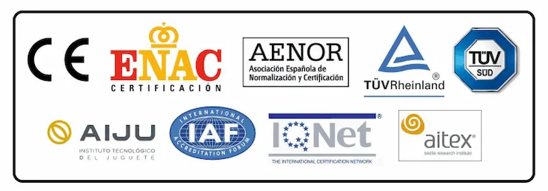 Certificaciones parque de bolas Elche: CE, ENAC, AENOR, TÜV, AIJU, IAF, IQNet, Aitex